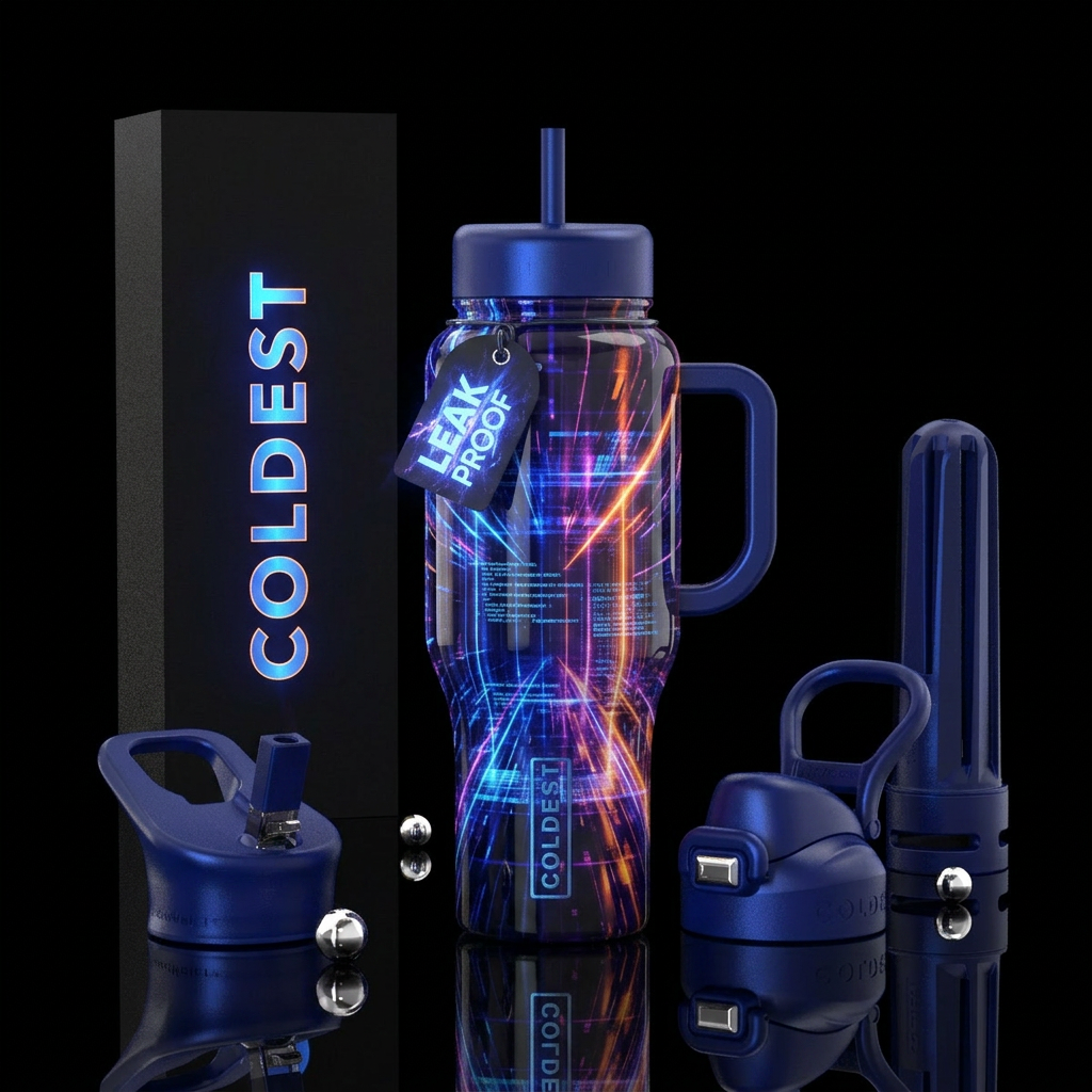 Futuristic lasers, glowie, glossy, otherworldly, f... water bottle design
