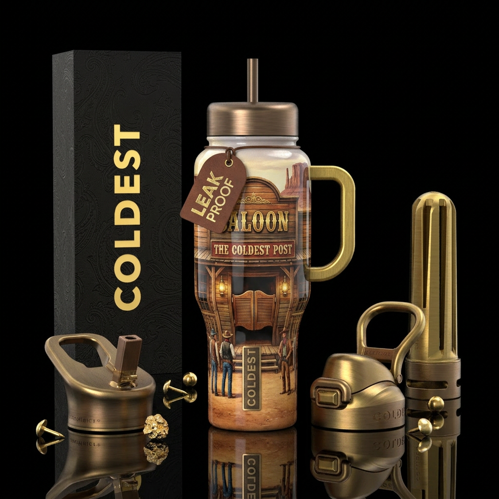 Old western saloon, glossy water bottle design