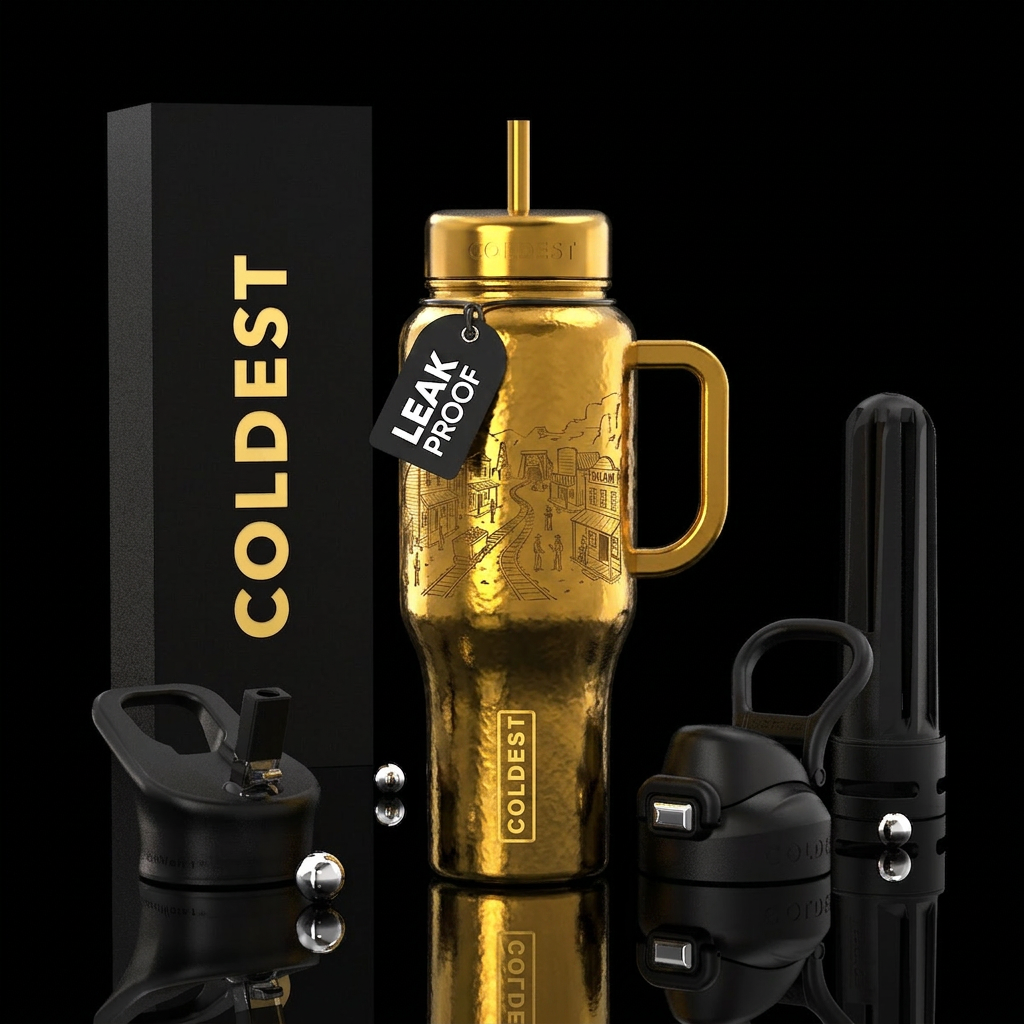 Old western gold mining town, glossy water bottle design