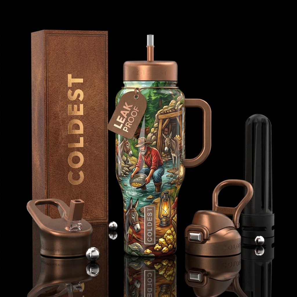 Western life in the gold mine, glossy water bottle design