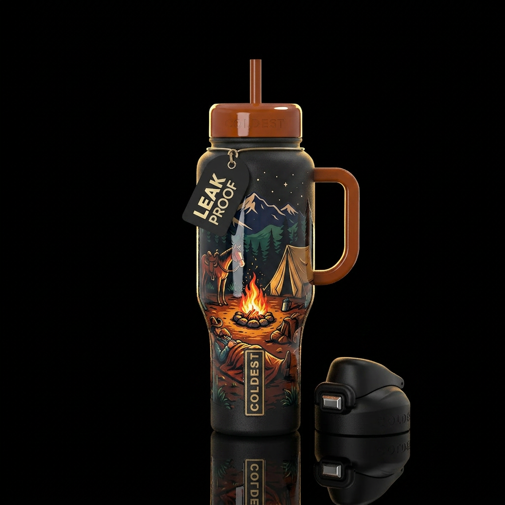 Western life camp fire, glossy water bottle design