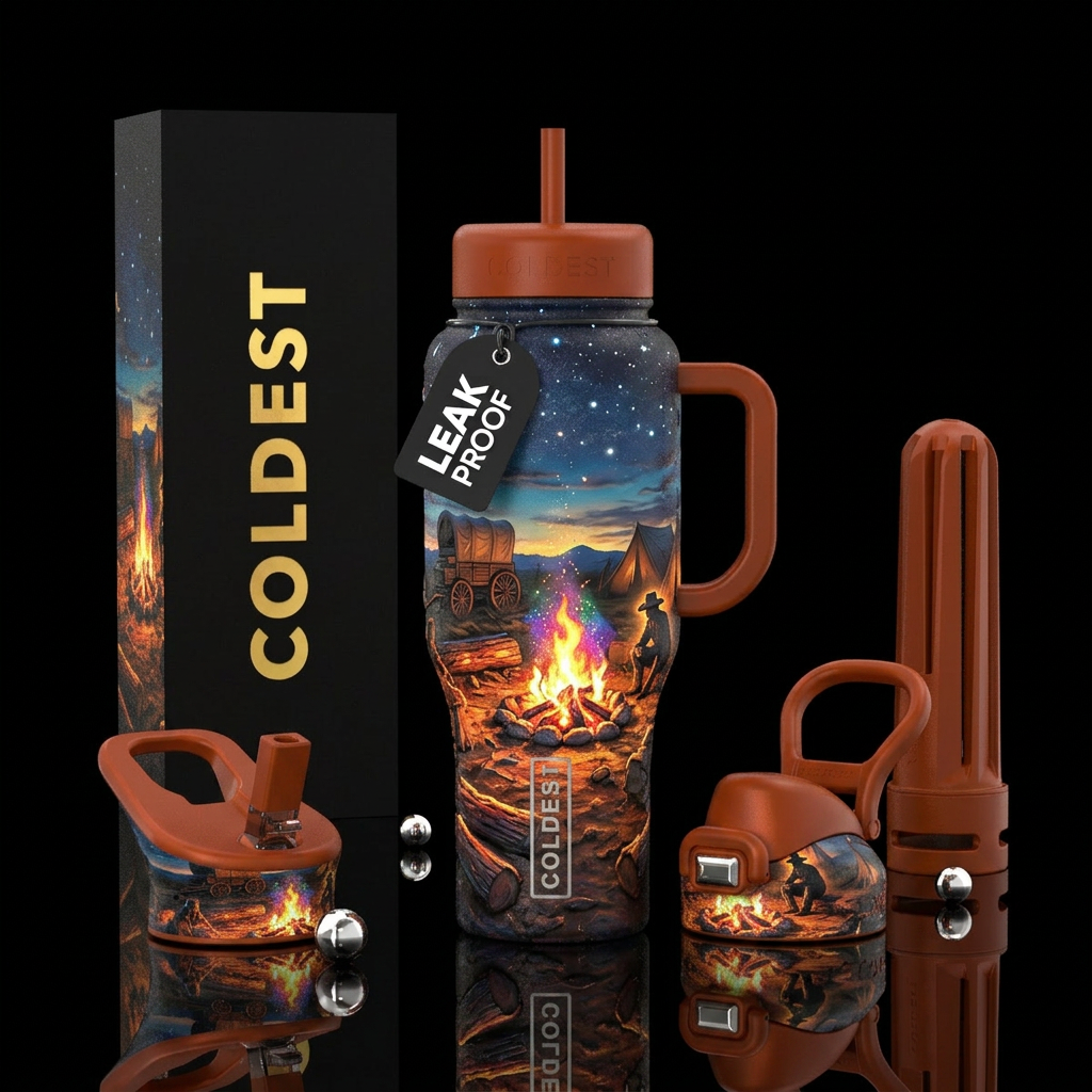 Western life camp fire, glossy,glowie water bottle design