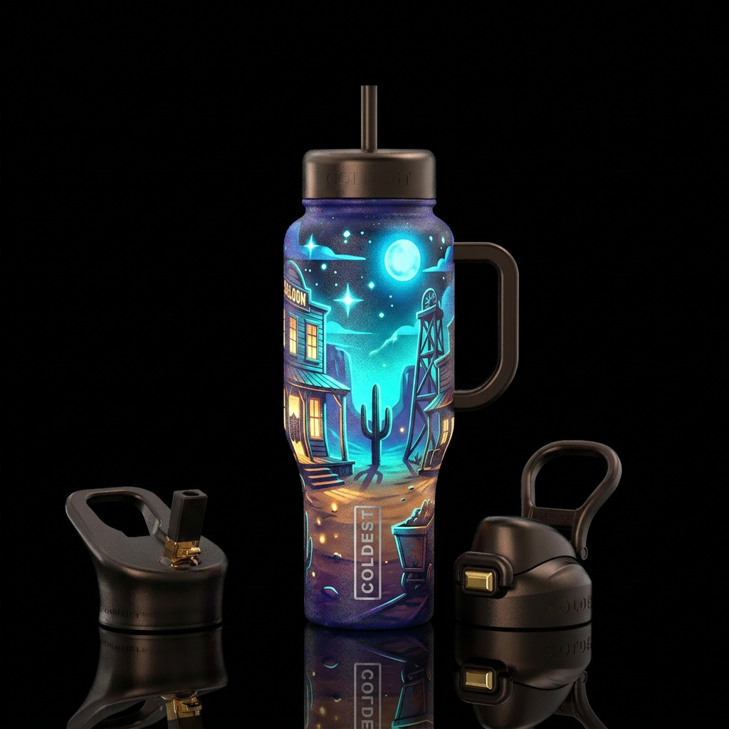 Western life, midnight in an old western mining to... water bottle design