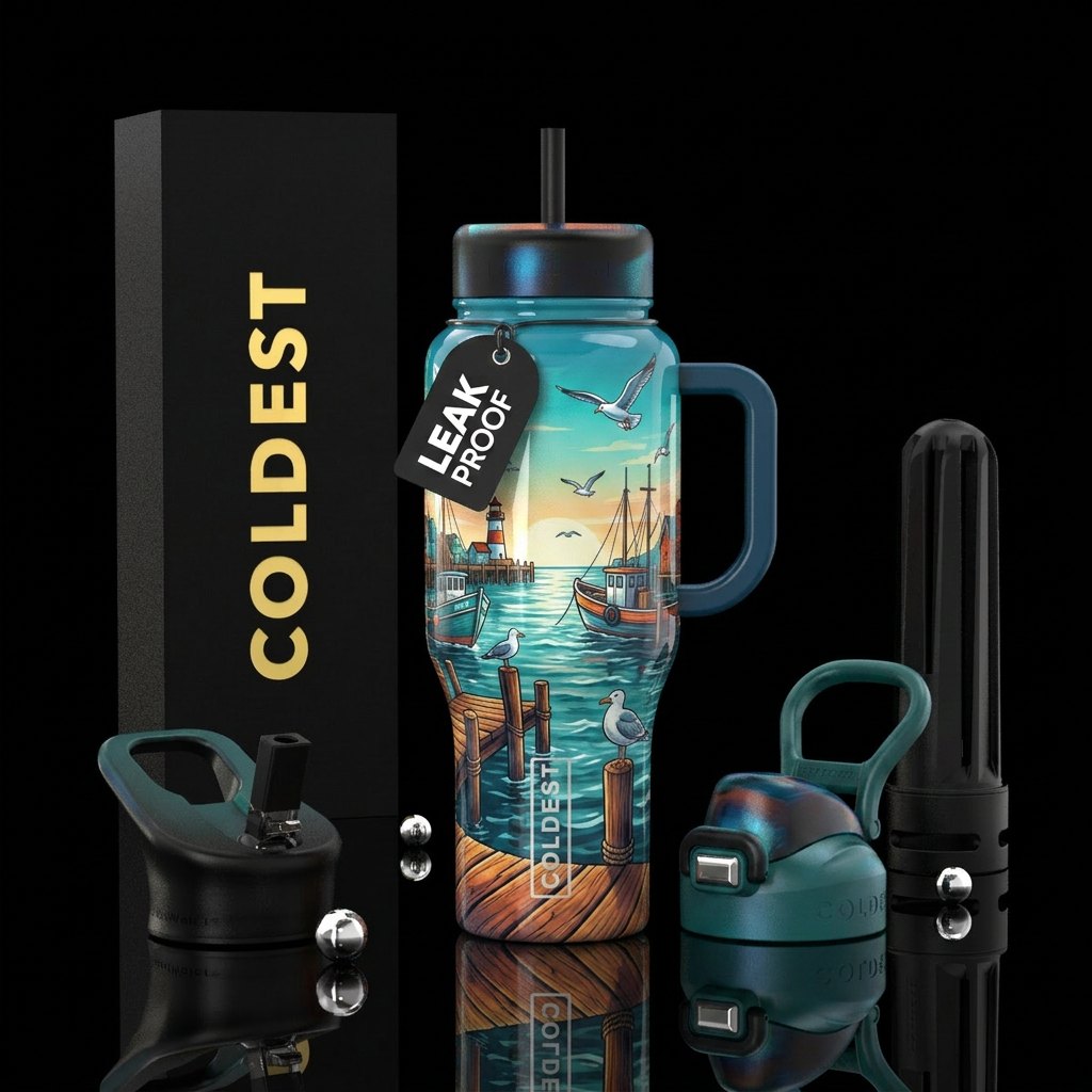 Warft, seagulls, glossy water bottle design