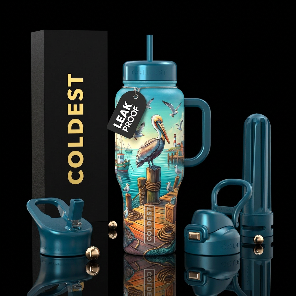 Warft, seagulls,pelican, glossy water bottle design