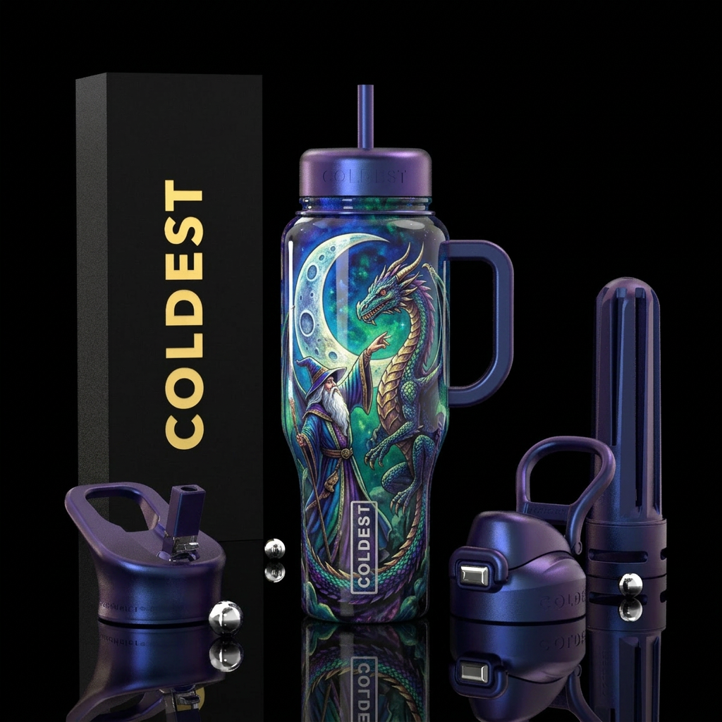 Crescent moon with craters, dragon wizard, glossy water bottle design