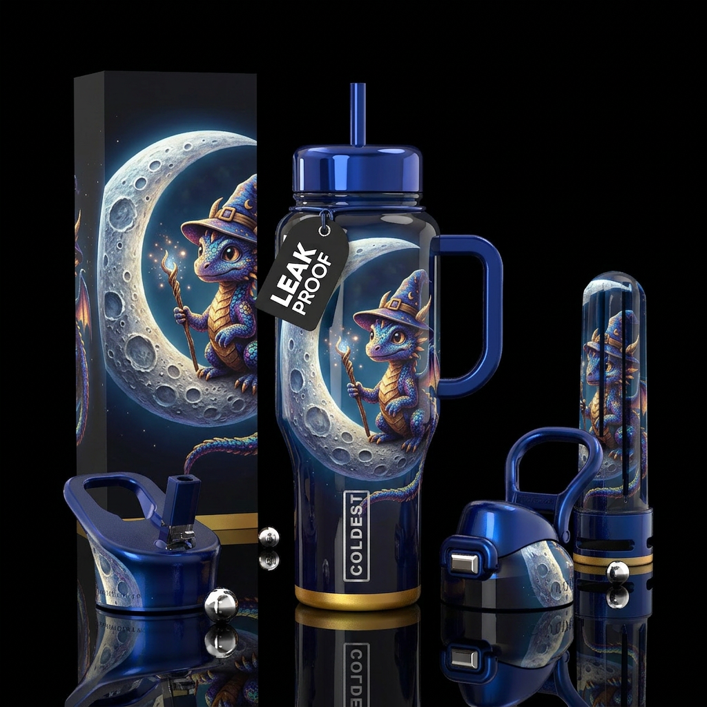 Crescent moon with craters,baby dragon wizard, glo... water bottle design
