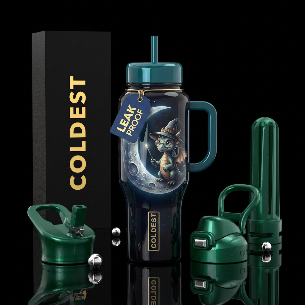 Crescent moon with craters,baby dragon wizard, glo... water bottle design
