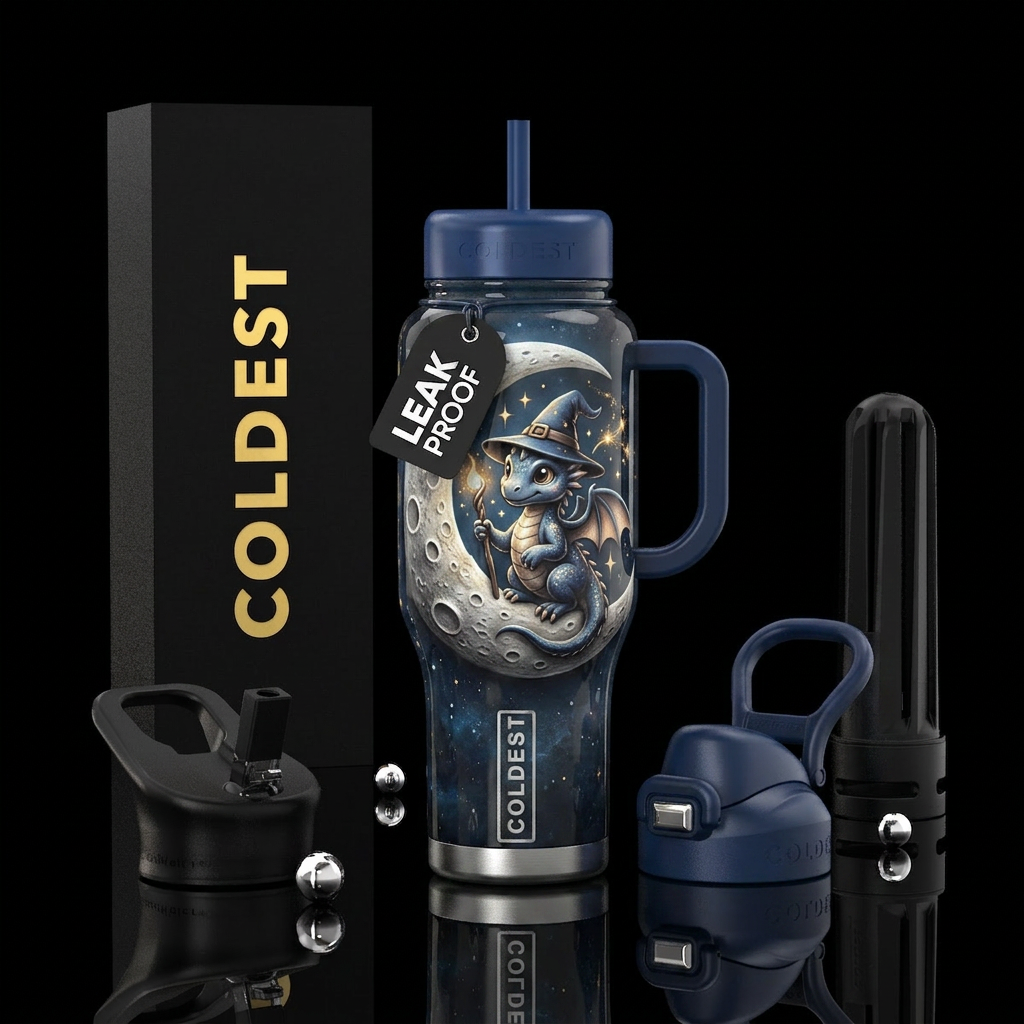 Crescent moon with craters,baby dragon wizard, glo... water bottle design