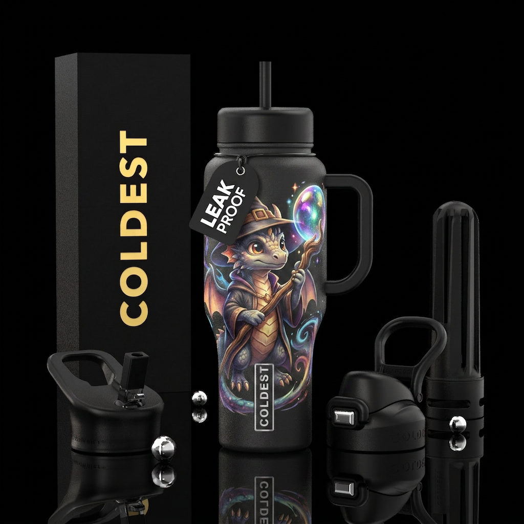 baby dragon wizard,with staff bubble orb on end of... water bottle design