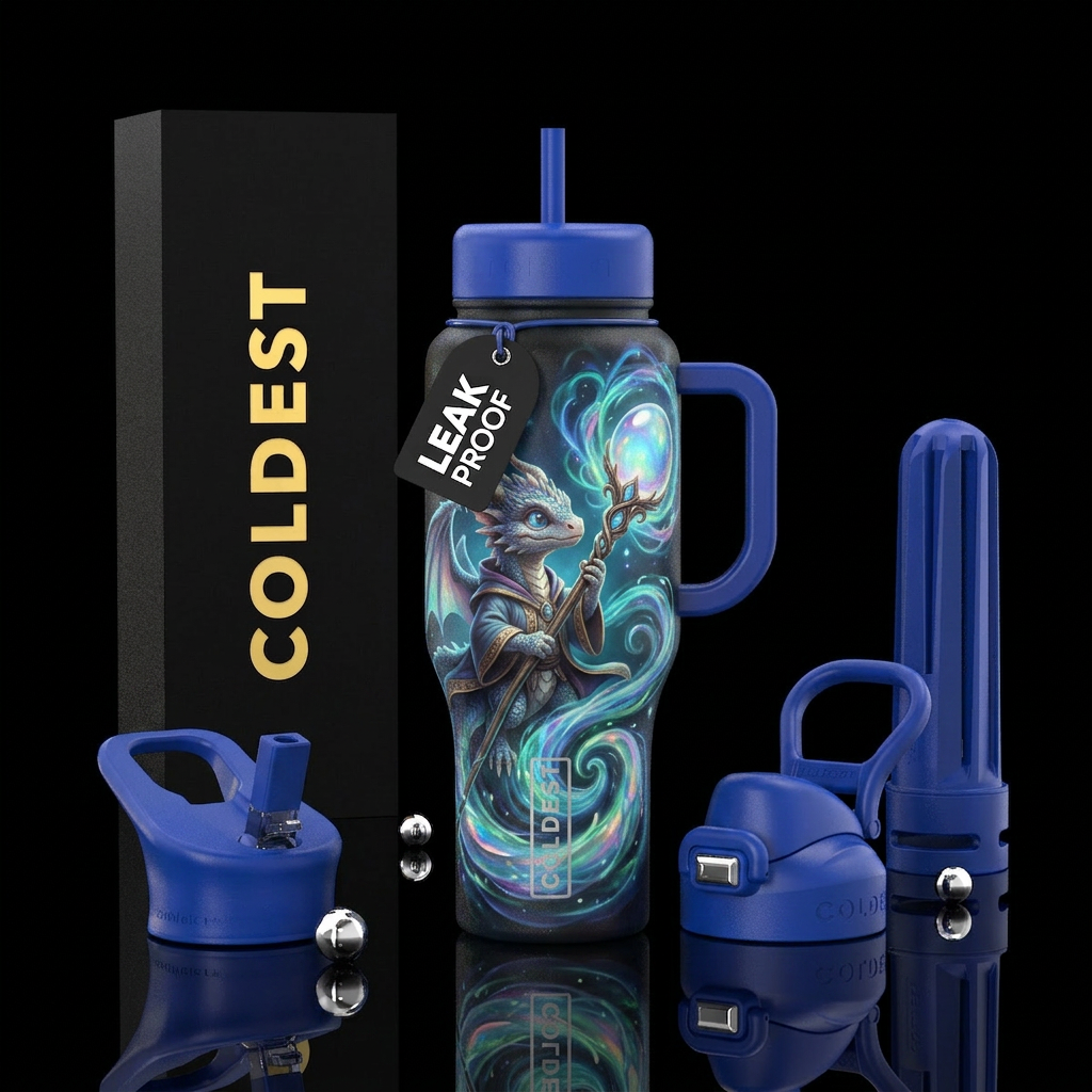 baby dragon wizard,with staff bubble orb on end of... water bottle design
