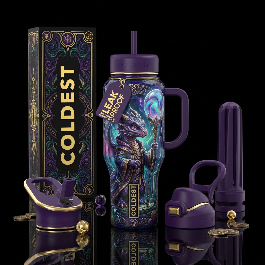 baby dragon wizard,with staff bubble orb on end of... water bottle design