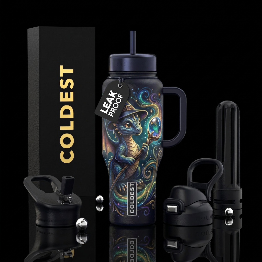 baby dragon wizard,with staff bubble orb on end of... water bottle design