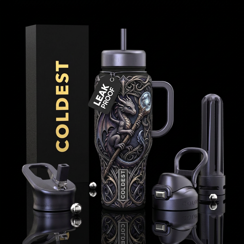 baby dragon ,with staff bubble orb on end of staff... water bottle design