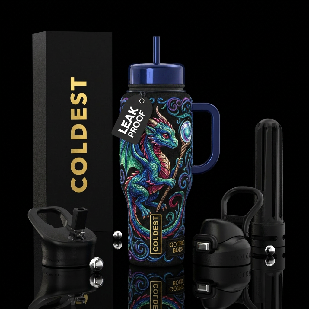 baby dragon ,with staff bubble orb on end of staff... water bottle design