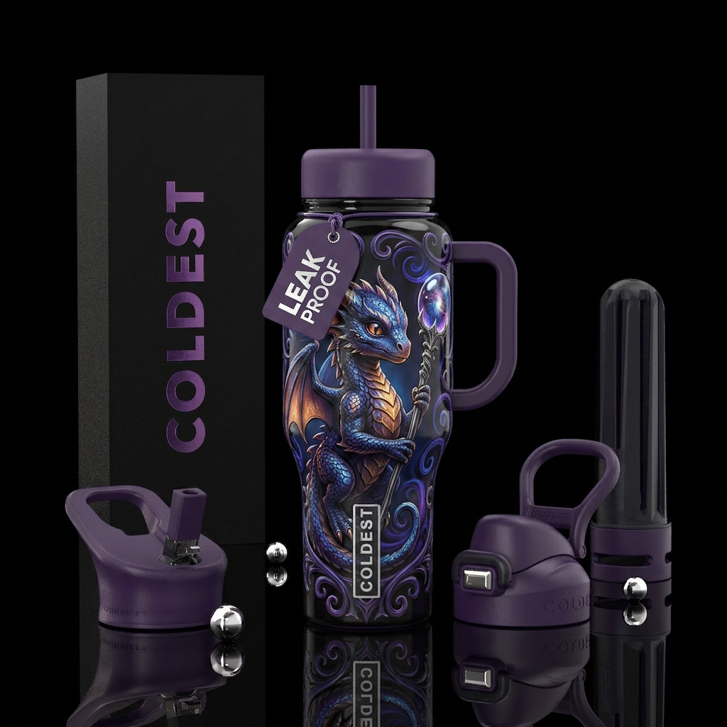 baby dragon ,with staff bubble orb on end of staff... water bottle design