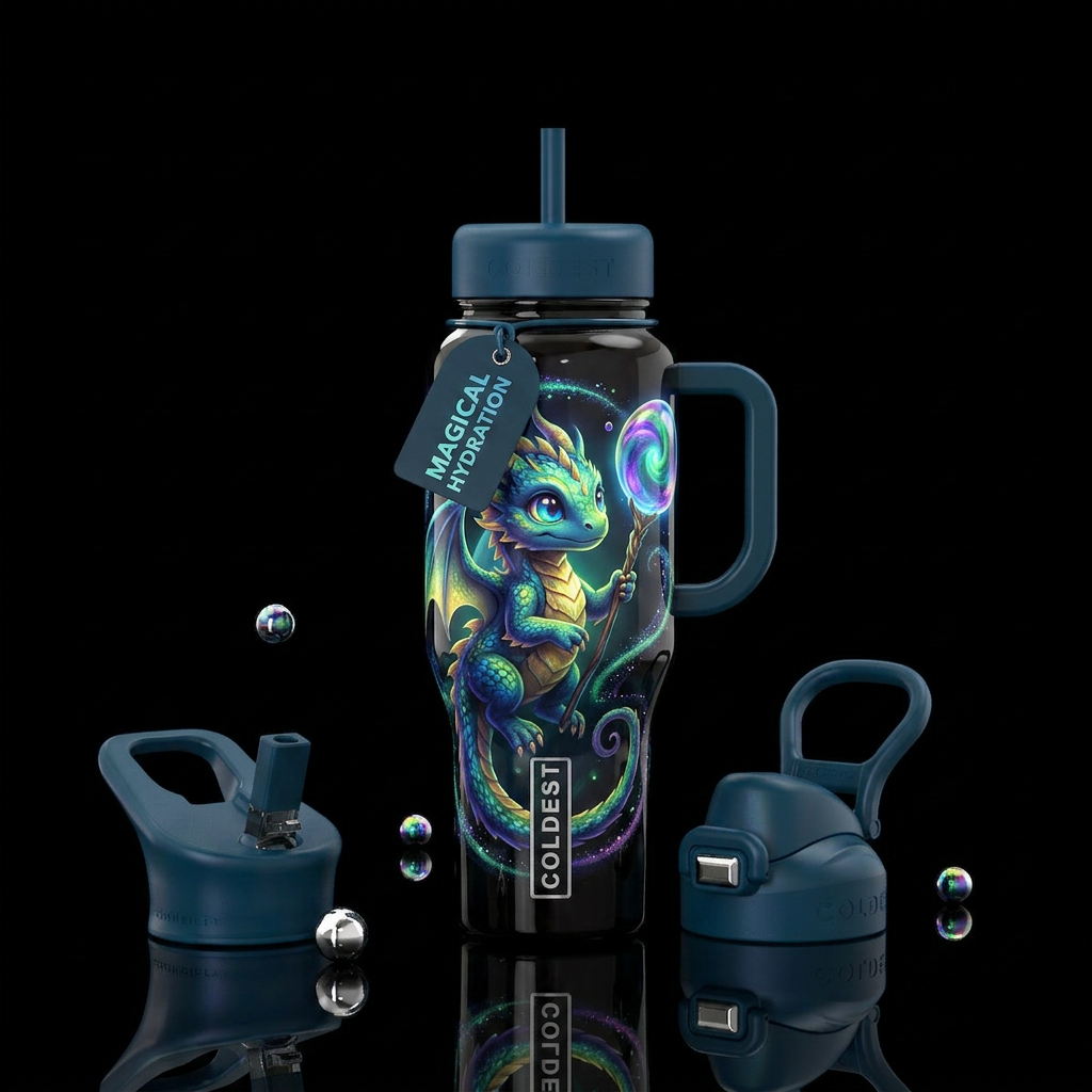 baby dragon ,with staff bubble orb on end of staff... water bottle design