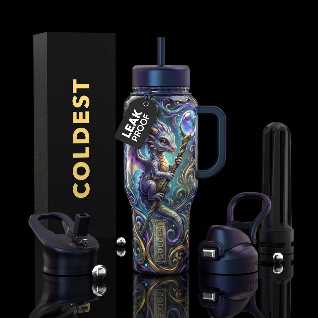 baby dragon ,with staff bubble orb on end of staff... water bottle design