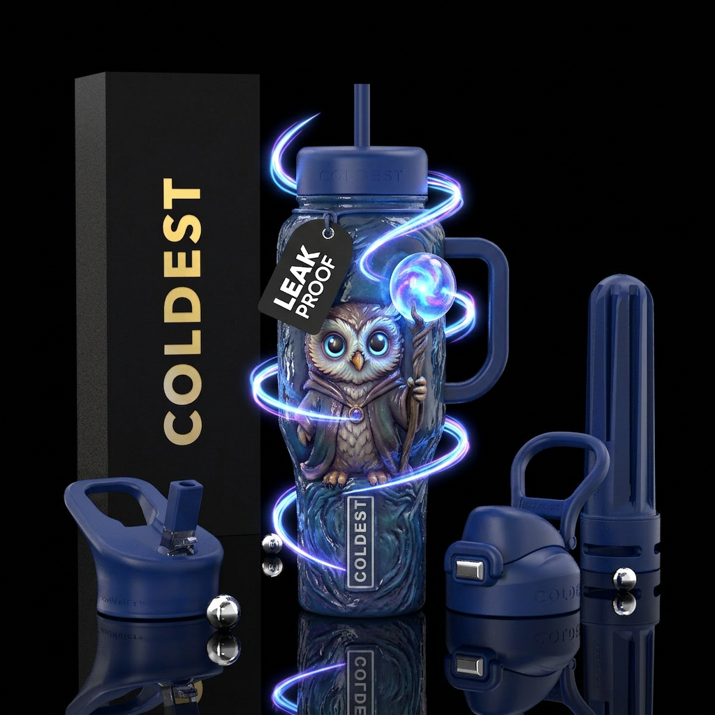 baby owl wizard ,with staff bubble orb on end of s... water bottle design