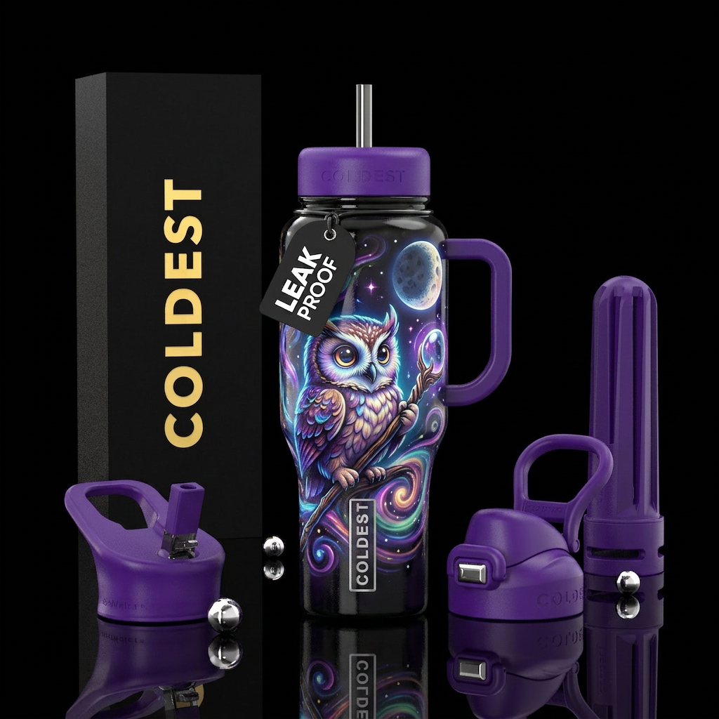 baby owl wizard ,with staff bubble orb on end of s... water bottle design