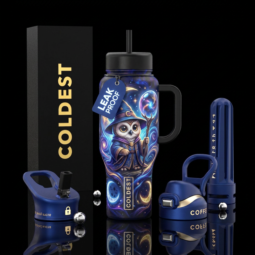 baby owl wizard ,with staff bubble orb on end of s... water bottle design
