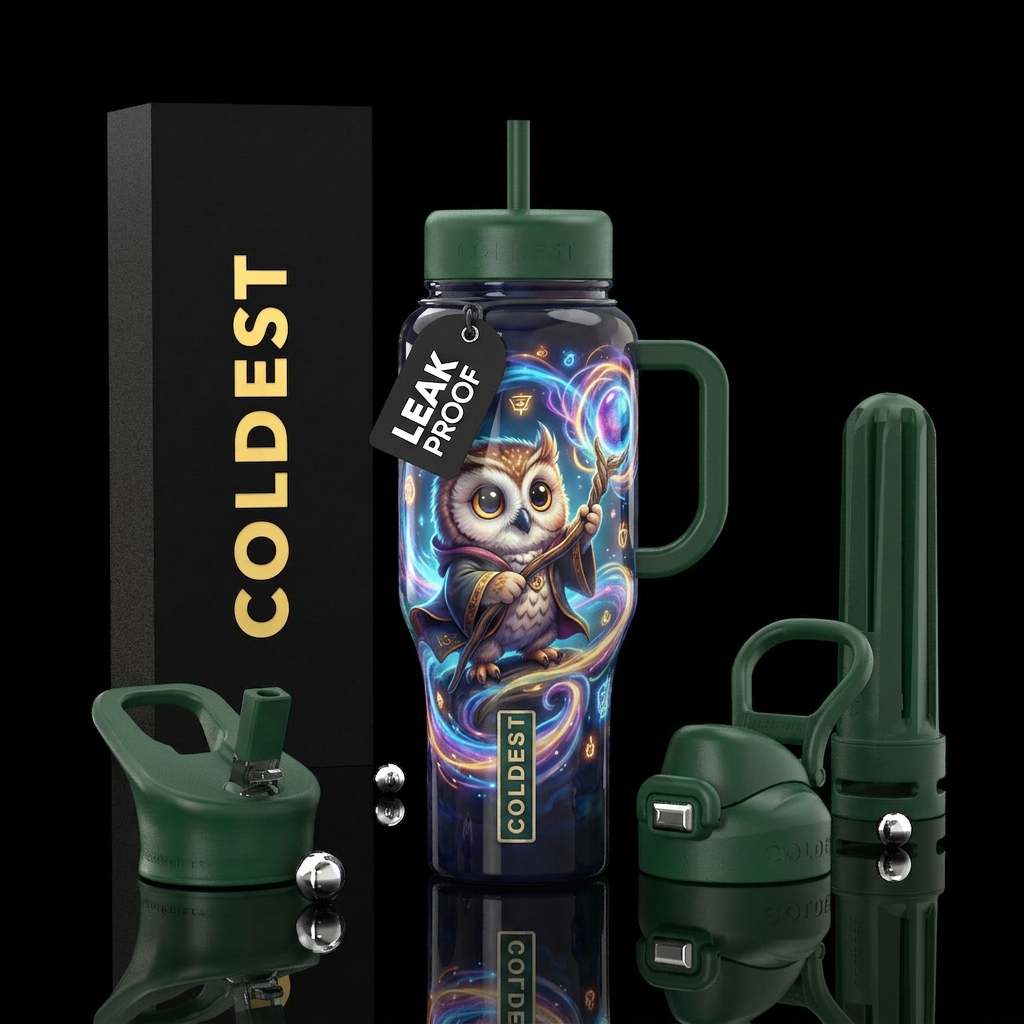 baby owl wizard ,with staff bubble orb on end of s... water bottle design