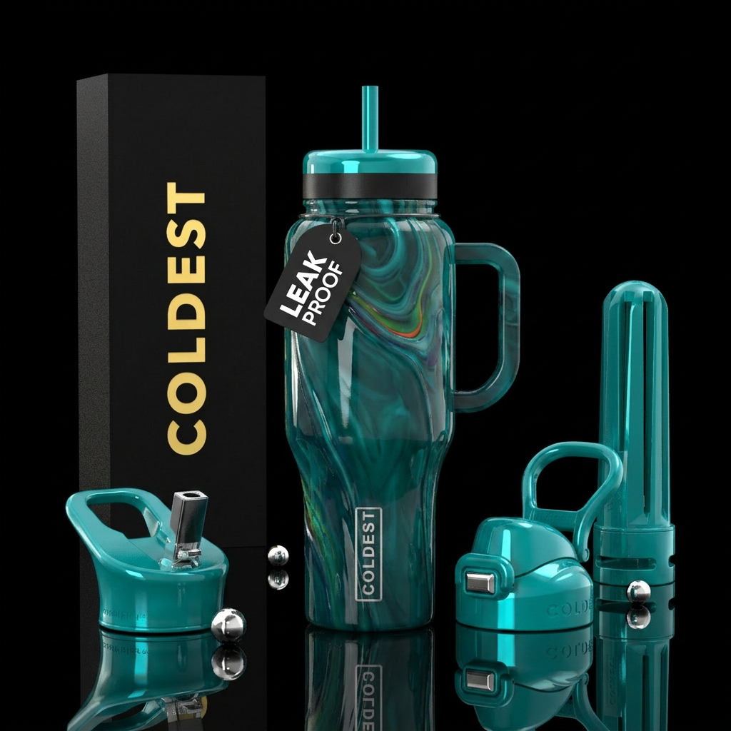 Teal slag glass, glossy water bottle design
