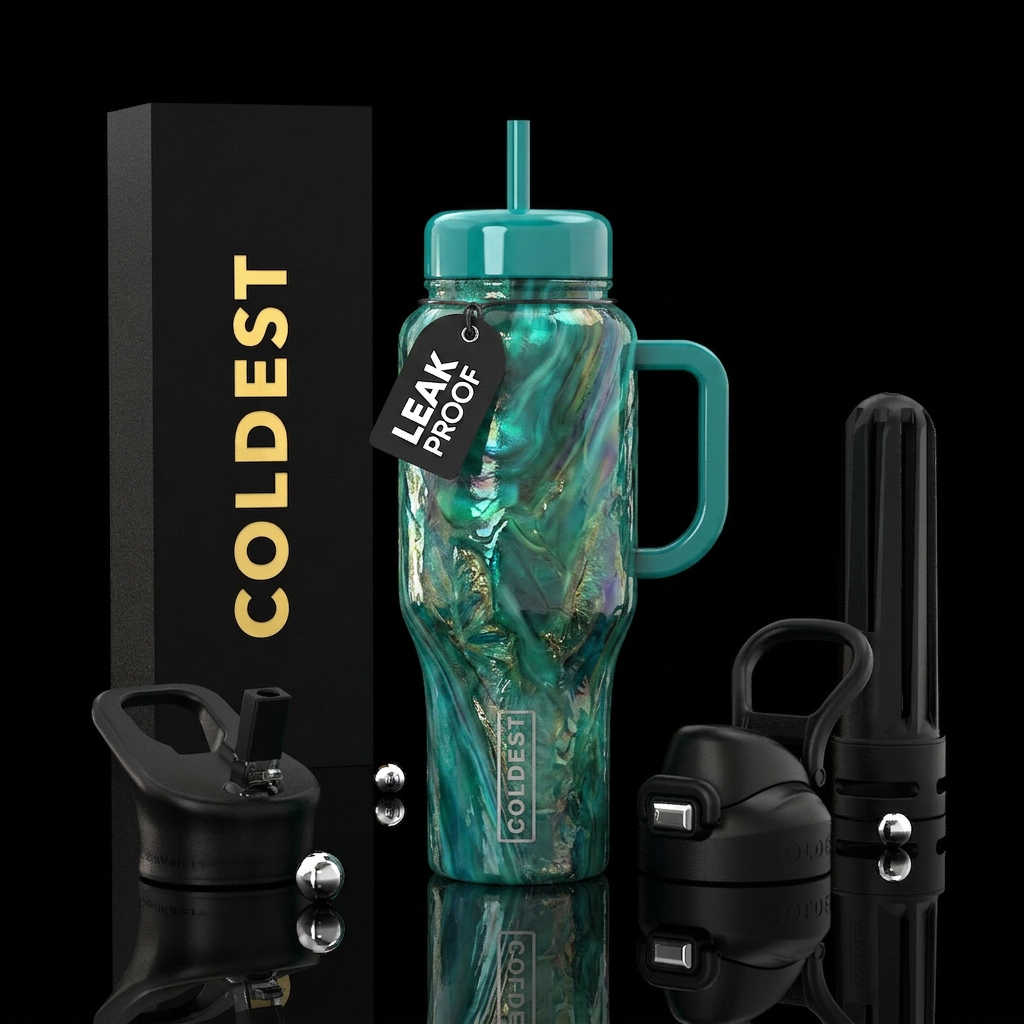 Teal slag glass, glossy water bottle design