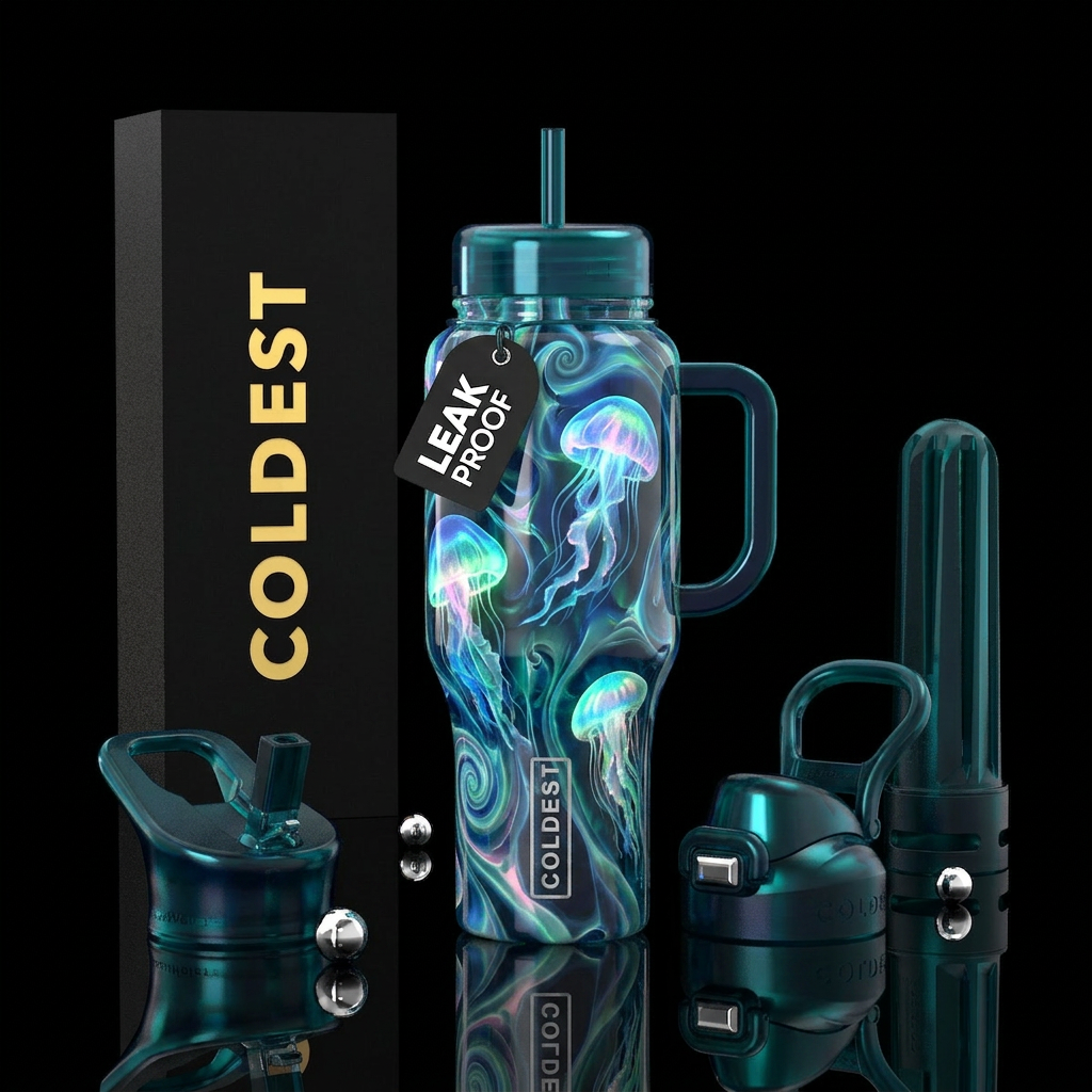Glow in the dark jellyfish slag glass, glossy water bottle design