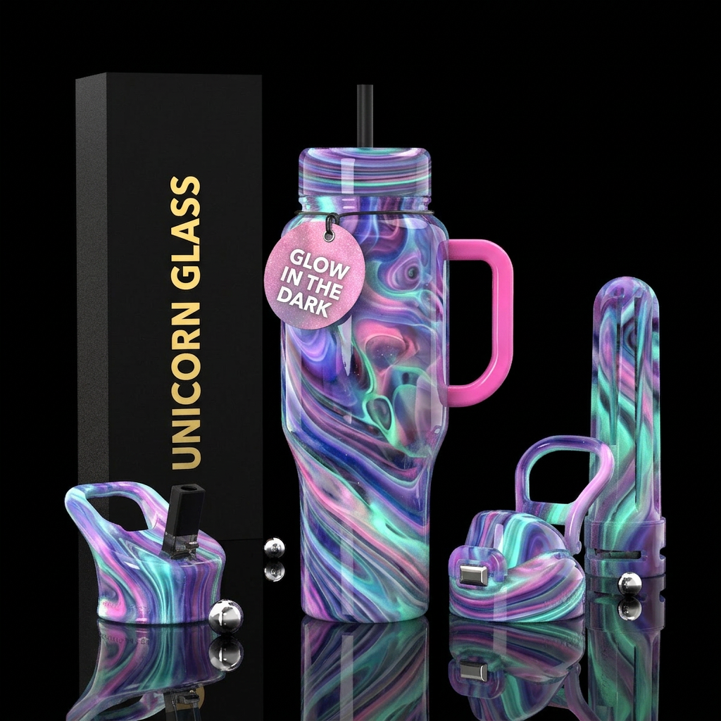 Glow in the dark unicorn slag glass, glossy water bottle design