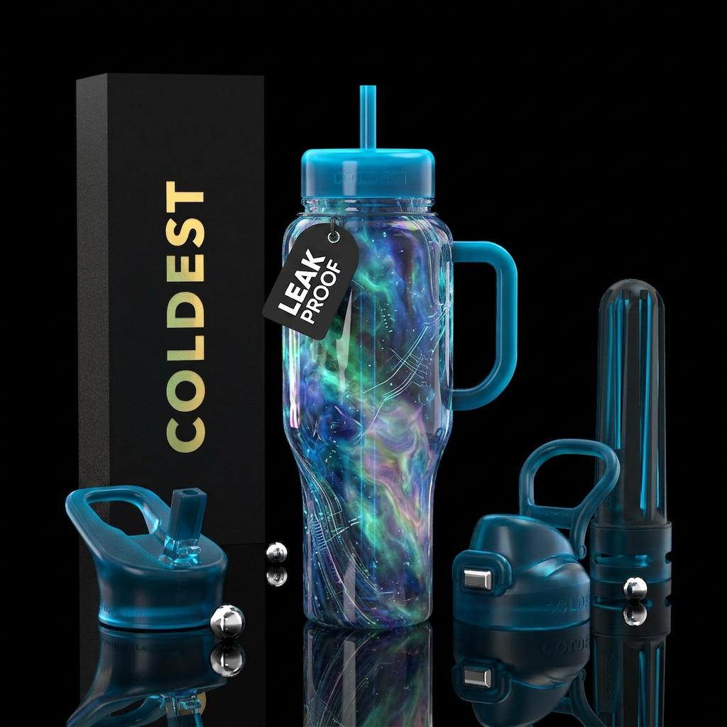 Alien slag glass, glossy, glow in the dark water bottle design