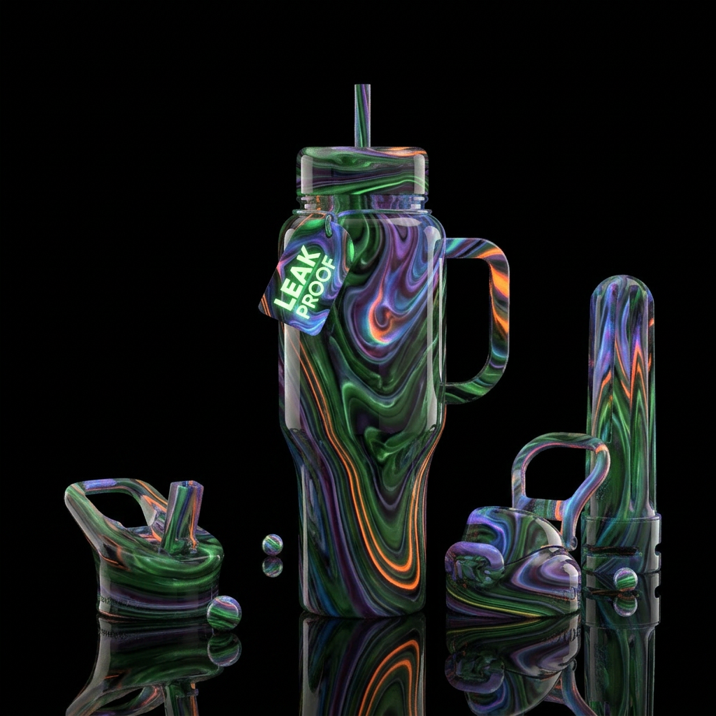 Alien slag glass, glossy, glow in the dark water bottle design