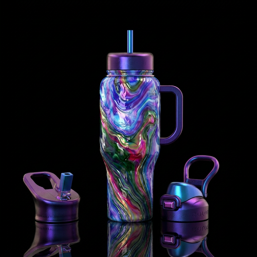 Otherworldly slag glass, glossy water bottle design