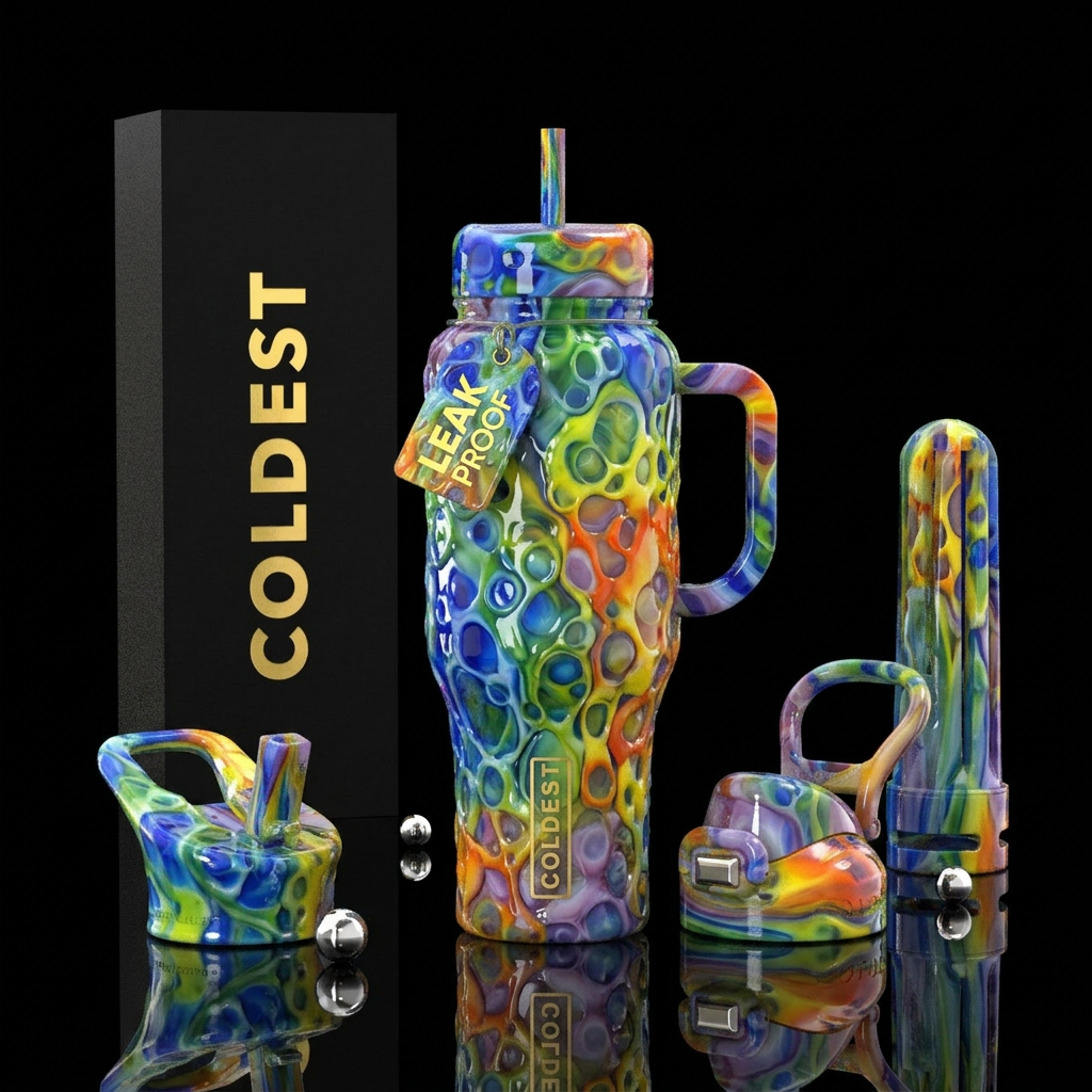 Popcorn slag glass, glossy water bottle design