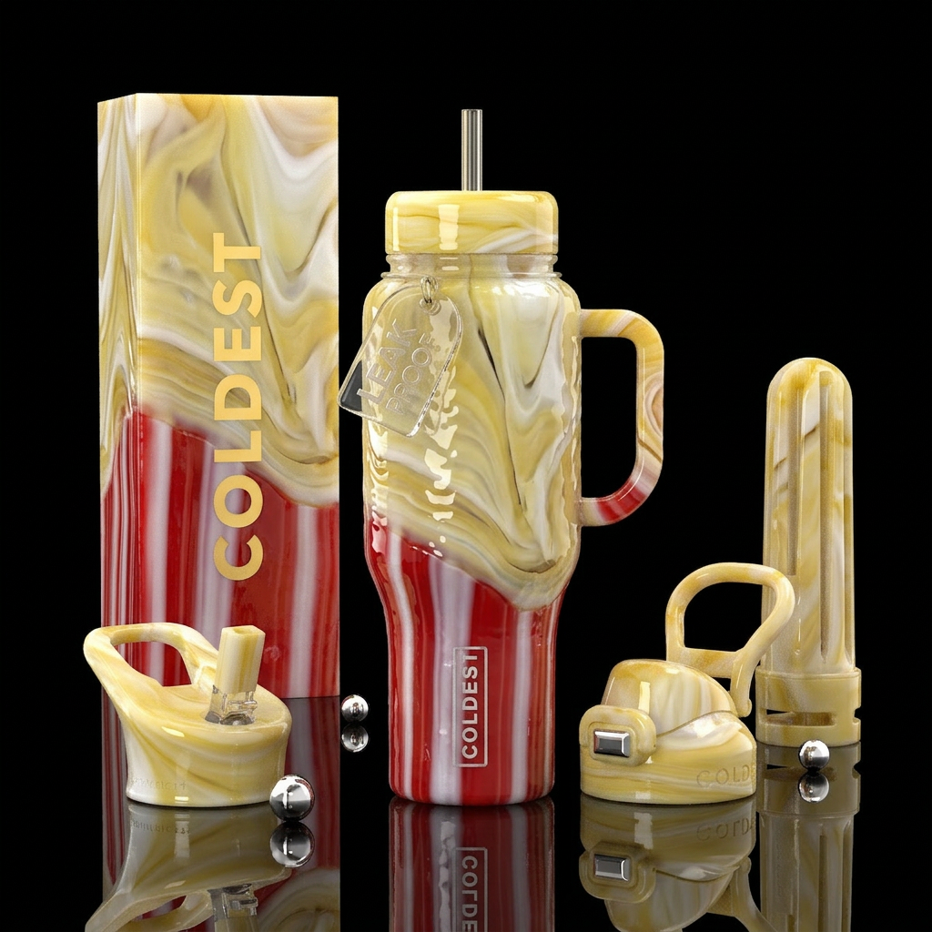 Popcorn slag glass, glossy, bottom white red, top ... water bottle design