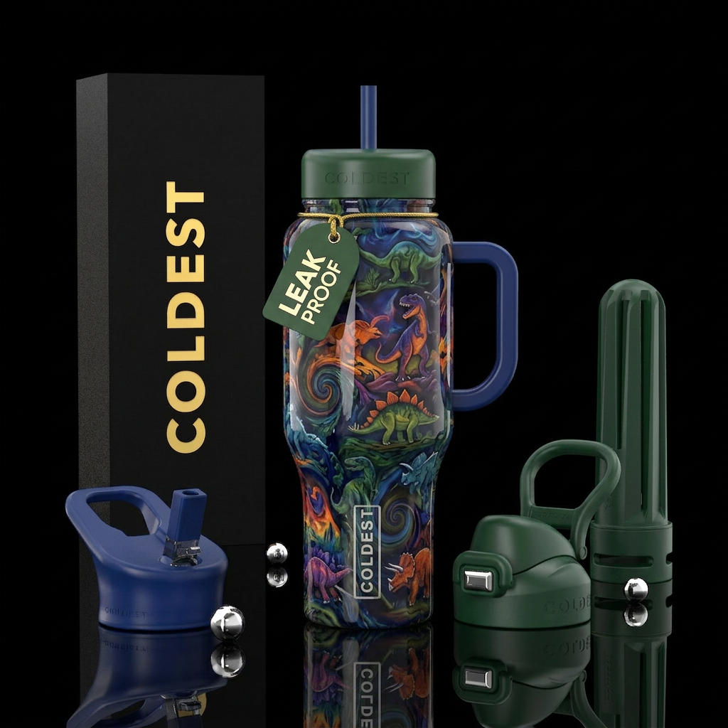 Dinosaurs slag glass, glossy water bottle design
