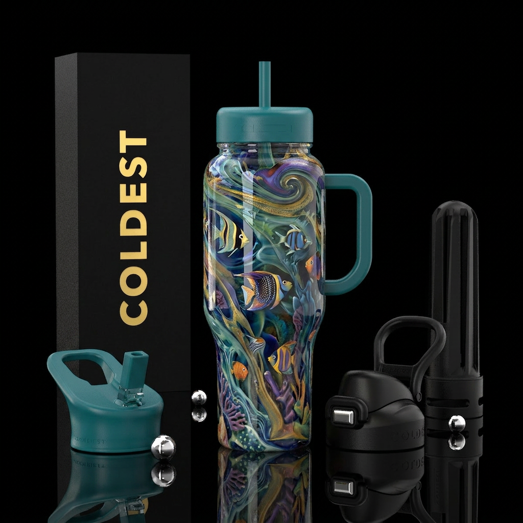 Tropical fish slag glass, glossy water bottle design