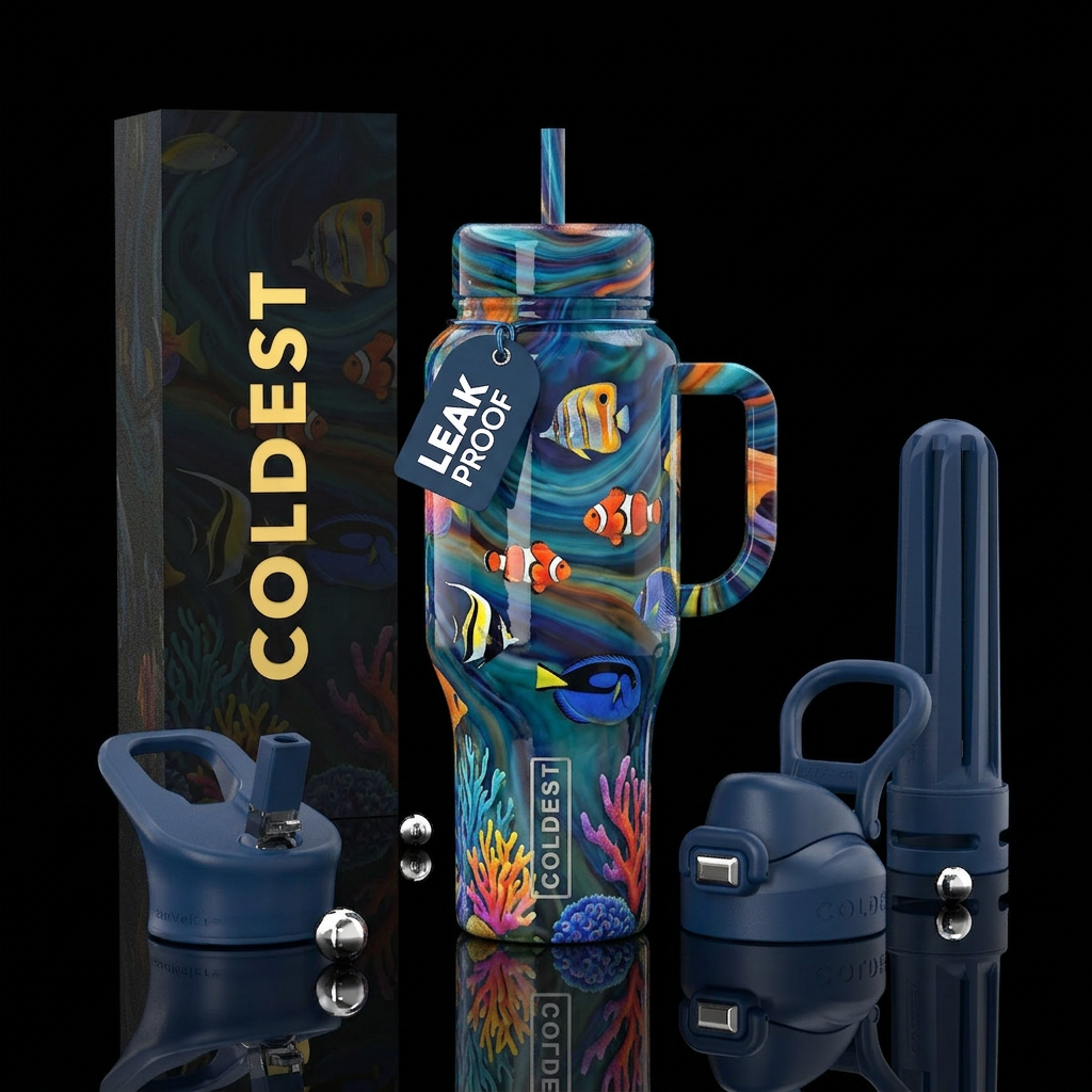 Tropical fish slag glass, glossy water bottle design