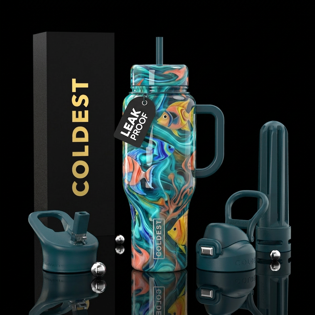 Tropical fish slag glass, glossy water bottle design