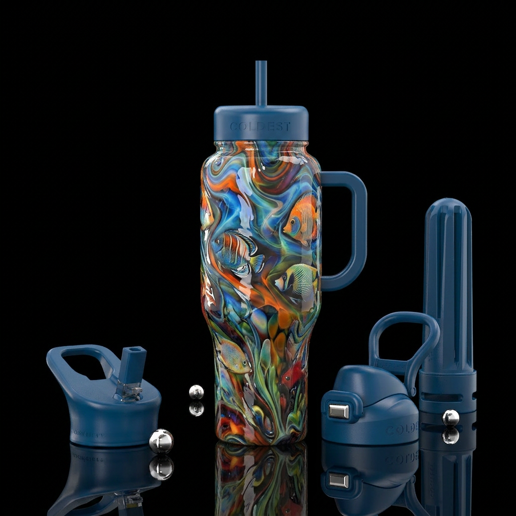 Tropical fish slag glass, glossy water bottle design