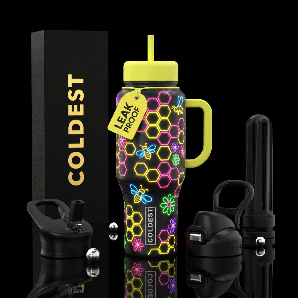 Neon honeycomb, neon bees, neon flowers, glossy water bottle design