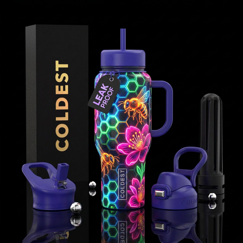 Neon honeycomb, neon bees, neon flowers, glossy, t... water bottle design