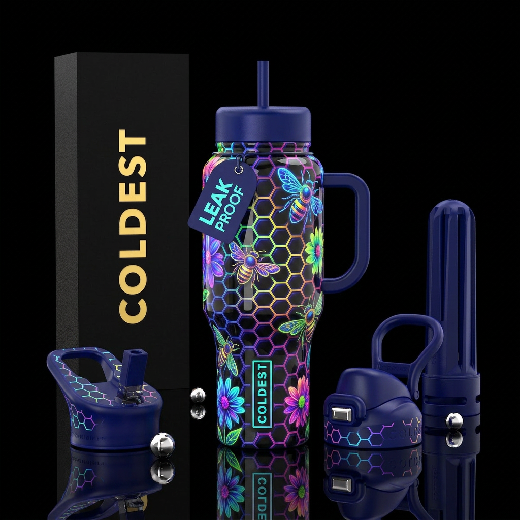 Neon honeycomb, neon bees, neon flowers, glossy, t... water bottle design