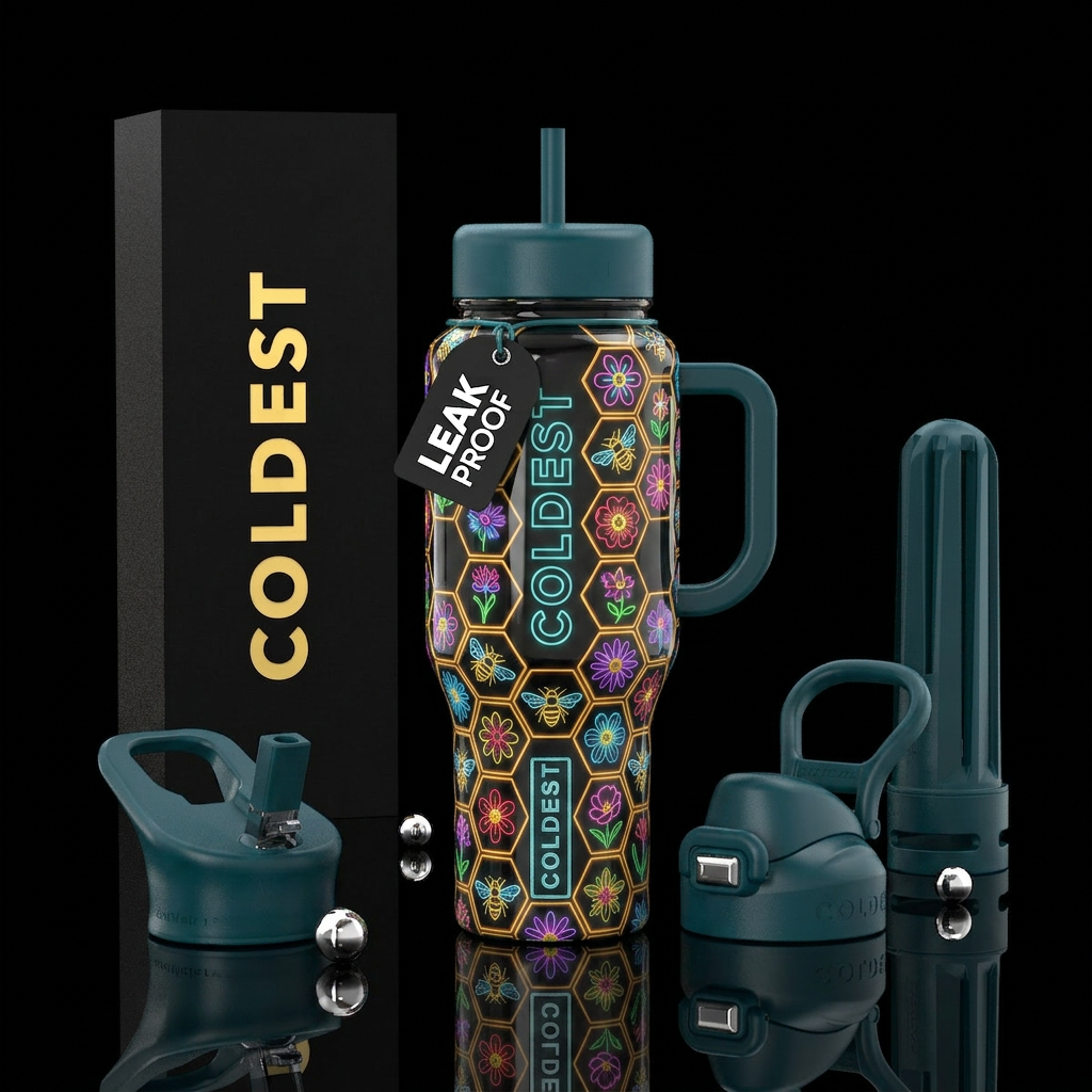 Neon honeycomb, neon bees, neon flowers, glossy, t... water bottle design