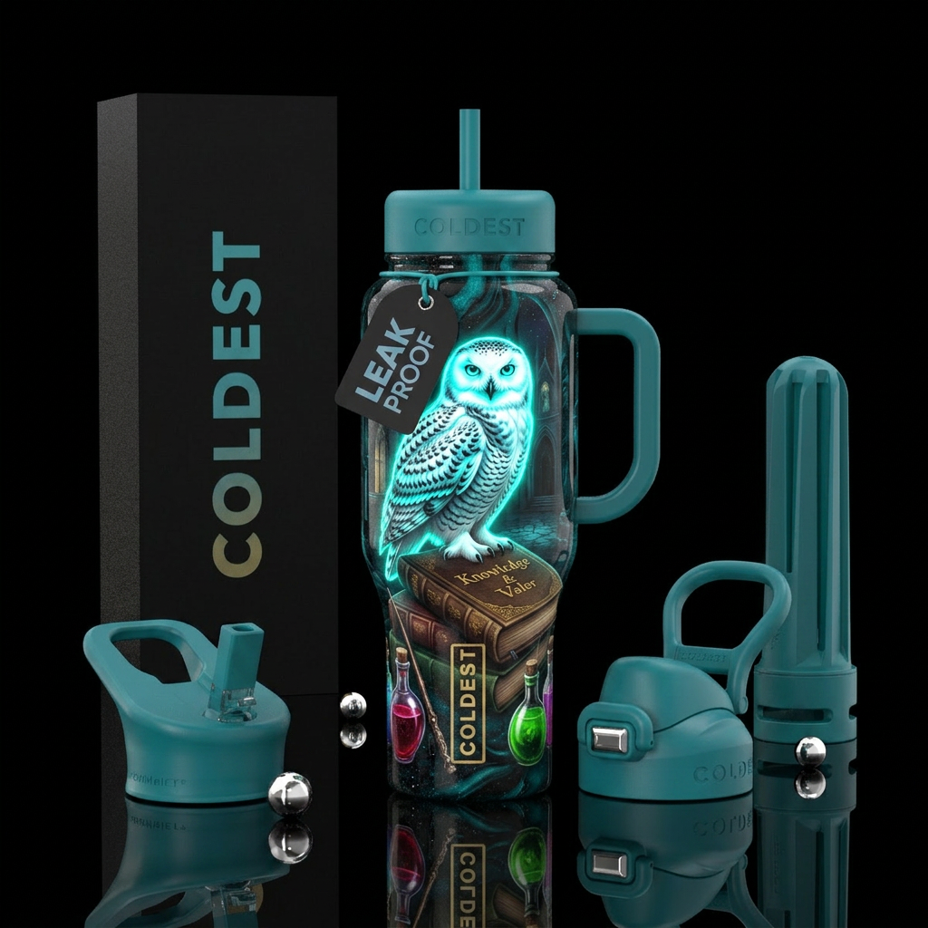 A detailed Snowy Owl is perched on a vintage, old-... water bottle design