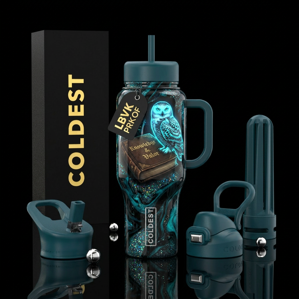 A detailed Snowy Owl is perched on a vintage, old-... water bottle design