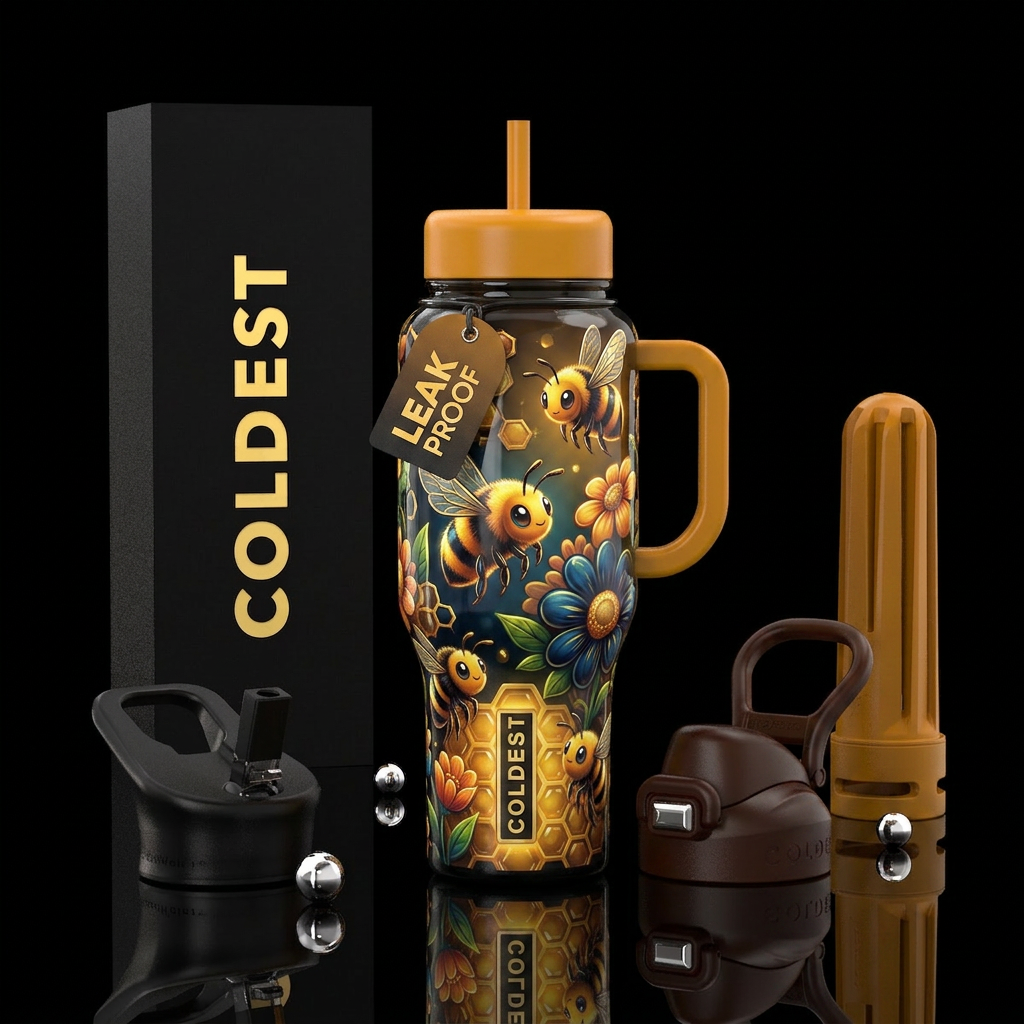 Cute Busy bumblebee, glossy, glowie, trompe-l'œil,... water bottle design