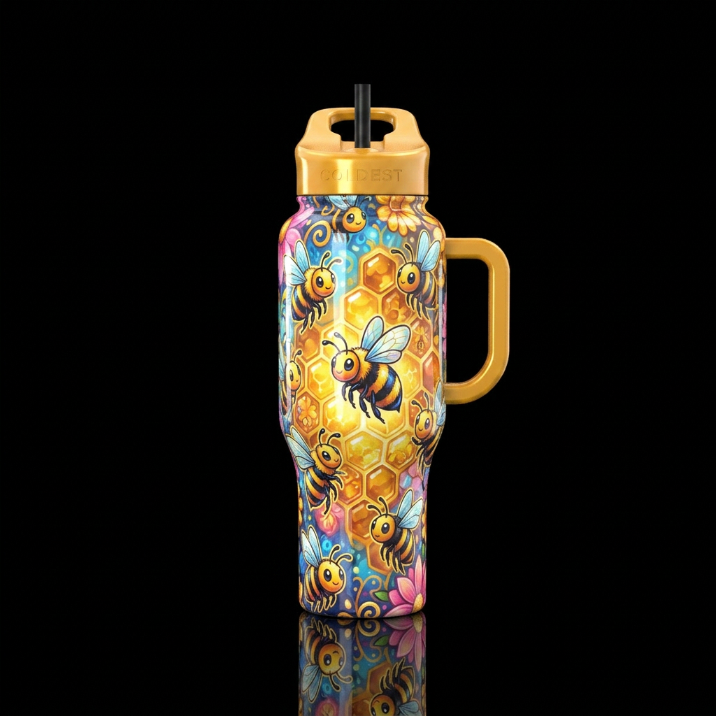 Cute busy bumblebee, colorful background, glowie, ... water bottle design