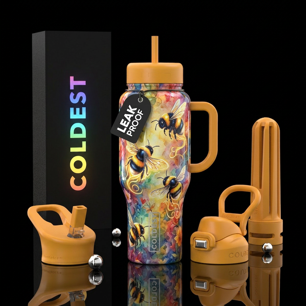Cute busy bumblebee, colorful background, glowie, ... water bottle design