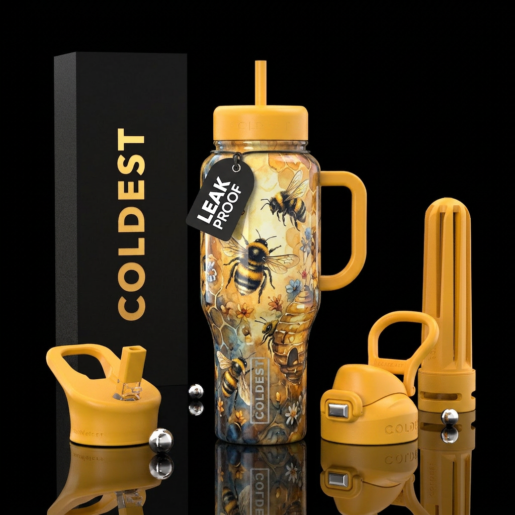 Cute busy bumblebee, colorful background, glowie, ... water bottle design